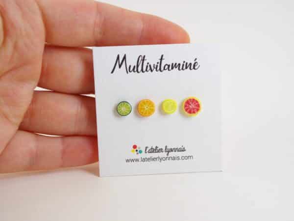 Boucles d'oreilles dépareillées agrumes miniatures : tranches d'agrumes modelées en polymère : pamplemousse, citron vert, orange, citron